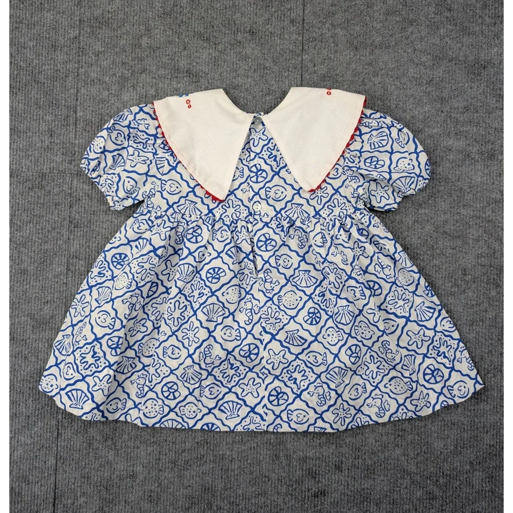 Vintage Dress Girls 2T Toddler Sailor Collar Nautical Novelty Retro Blue Beach